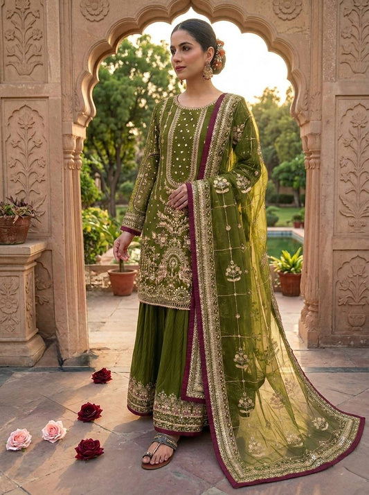 Green Color Embroidered Rivert Moti Work Wedding Wear Plazzo Set