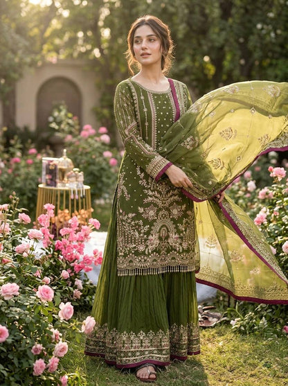 Green Color Embroidered Rivert Moti Work Wedding Wear Plazzo Set
