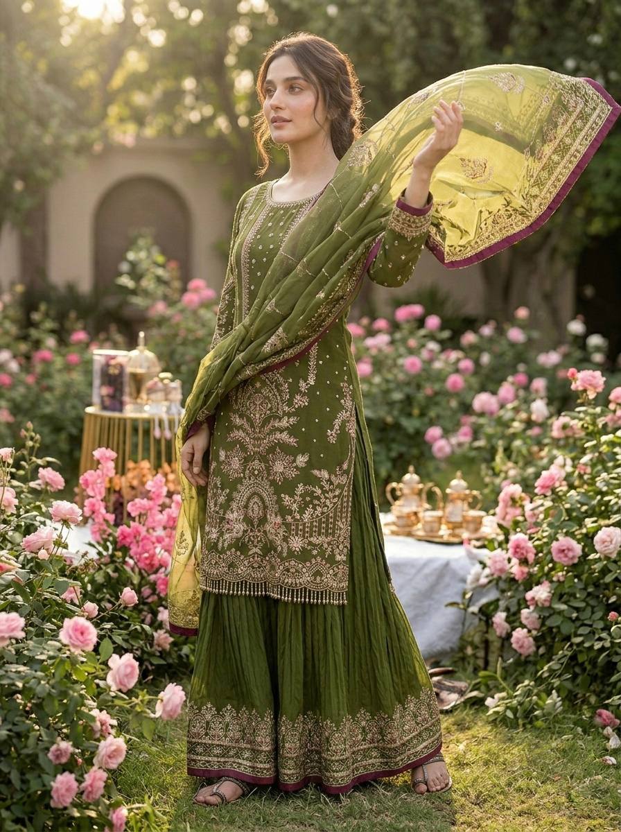 Green Color Embroidered Rivert Moti Work Wedding Wear Plazzo Set
