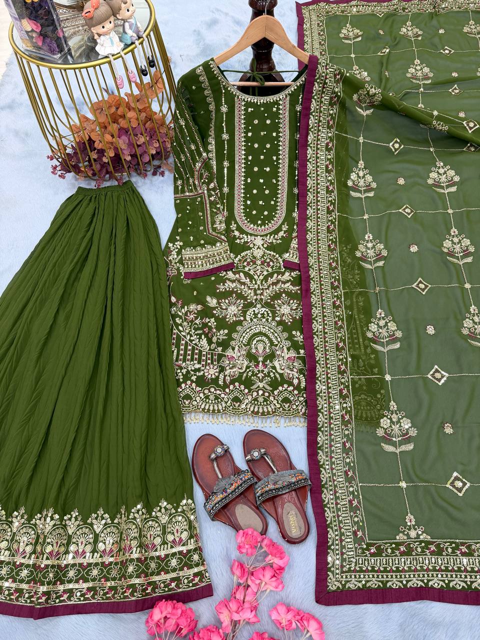Green Color Embroidered Rivert Moti Work Wedding Wear Plazzo Set