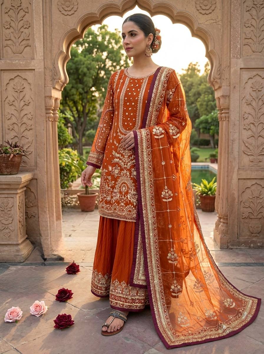 Orange Color Embroidered Rivert Moti Work Wedding Wear Plazzo Set