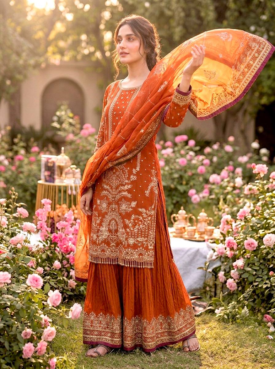 Orange Color Embroidered Rivert Moti Work Wedding Wear Plazzo Set