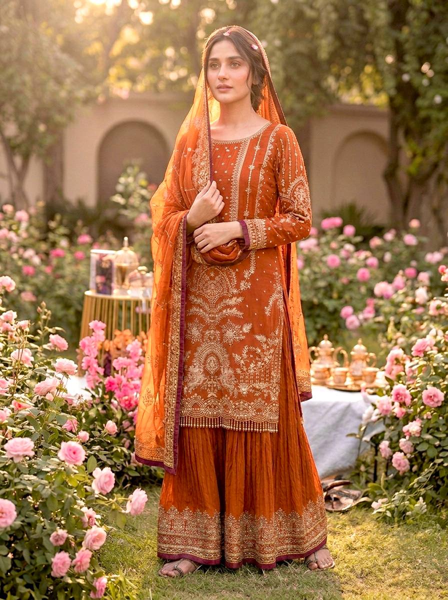 Orange Color Embroidered Rivert Moti Work Wedding Wear Plazzo Set
