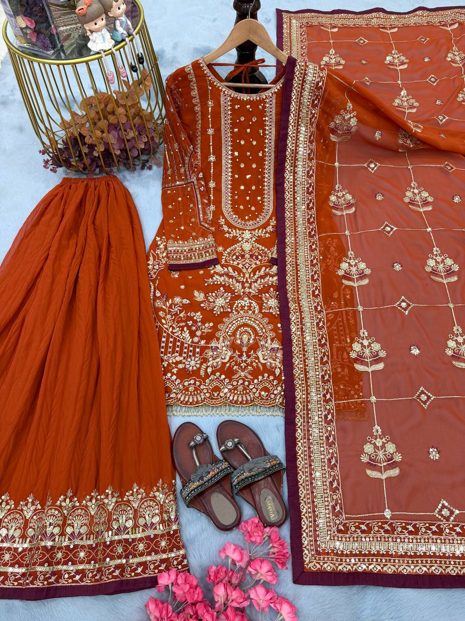 Orange Color Embroidered Rivert Moti Work Wedding Wear Plazzo Set