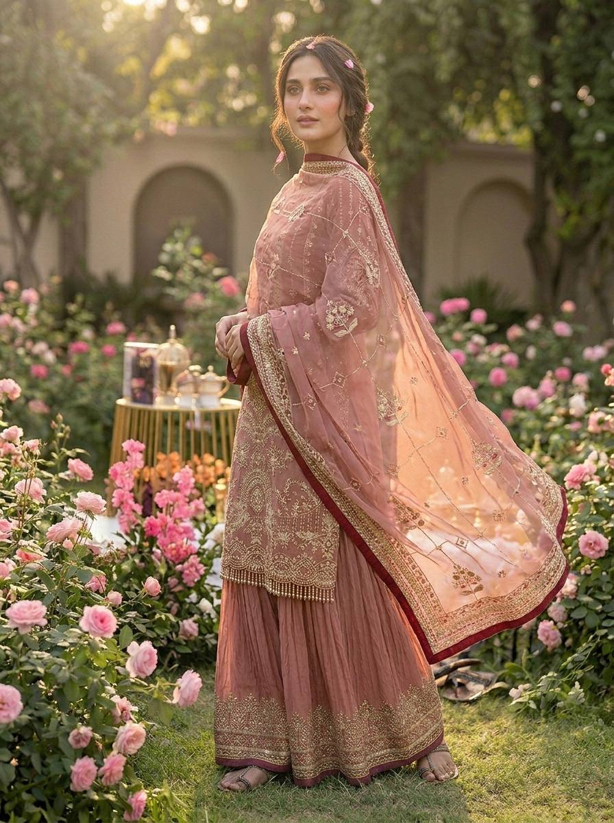 Peach Color Embroidered Rivert Moti Work Wedding Wear Plazzo Set