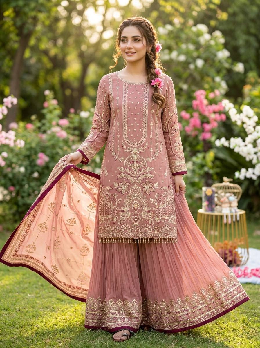 Peach Color Embroidered Rivert Moti Work Wedding Wear Plazzo Set