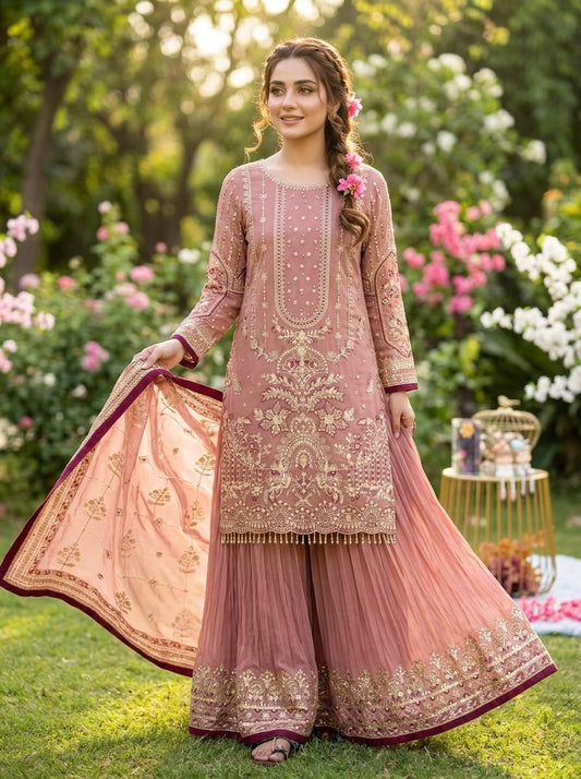 Peach Color Embroidered Rivert Moti Work Wedding Wear Plazzo Set