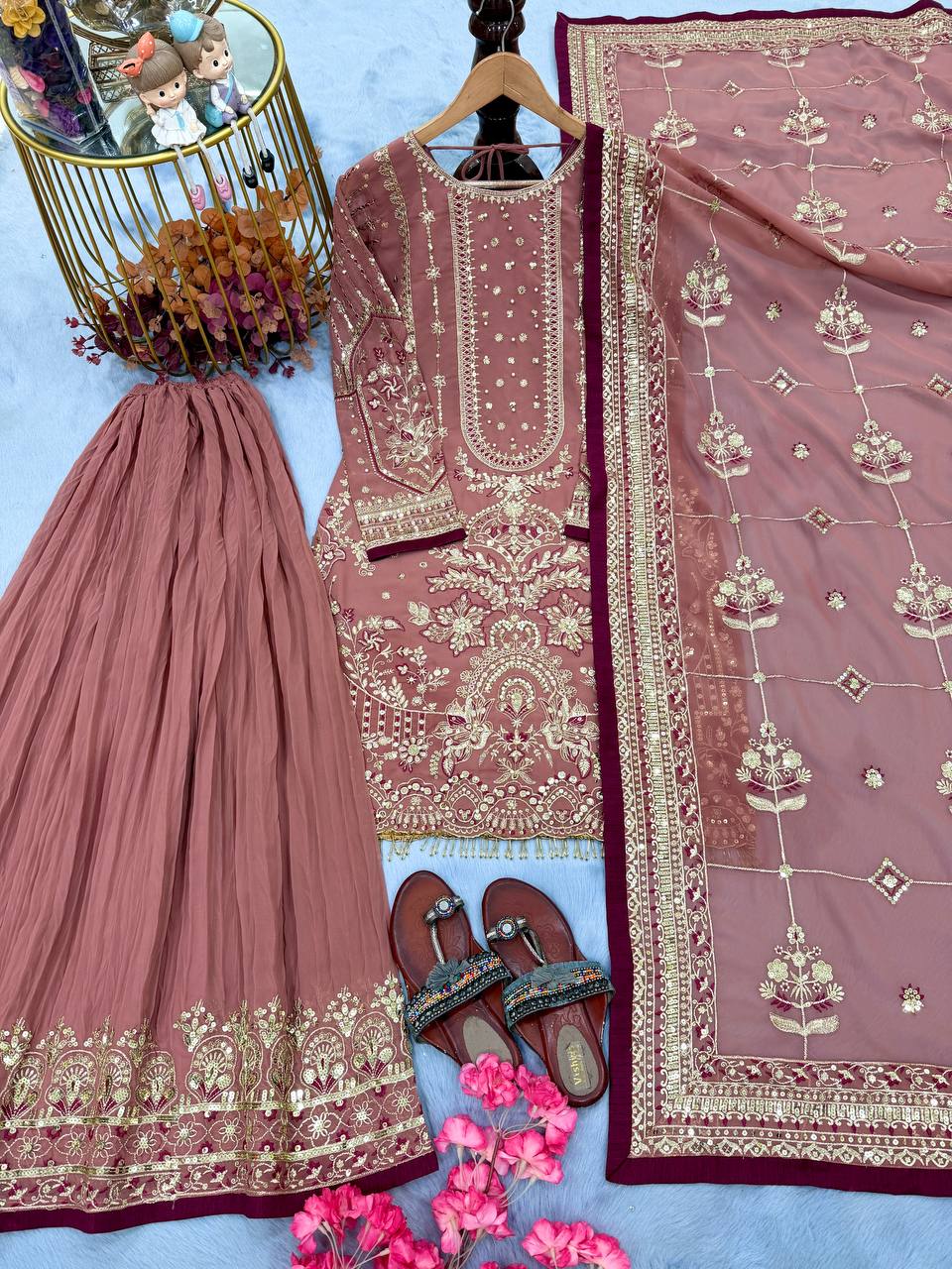 Peach Color Embroidered Rivert Moti Work Wedding Wear Plazzo Set