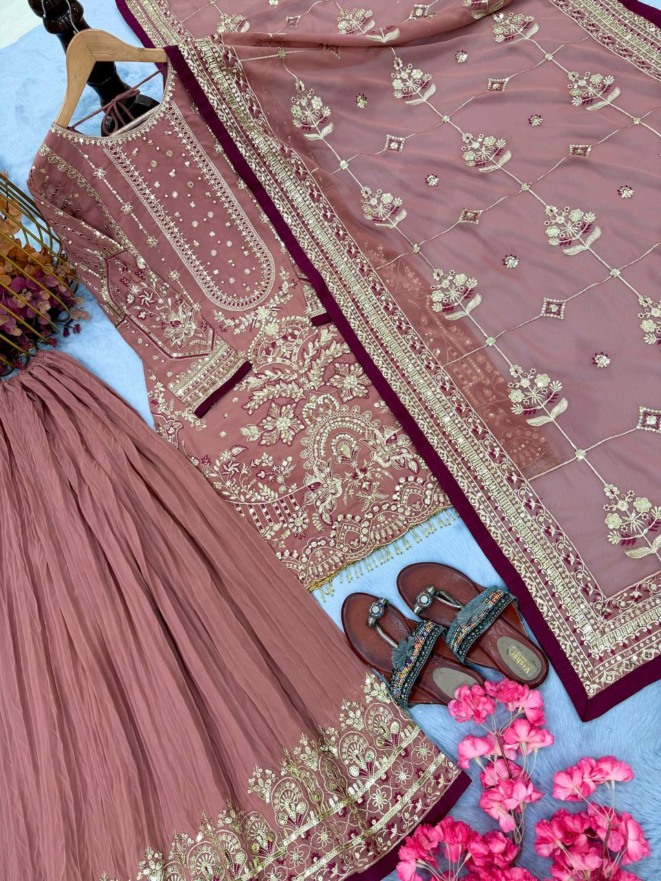Peach Color Embroidered Rivert Moti Work Wedding Wear Plazzo Set