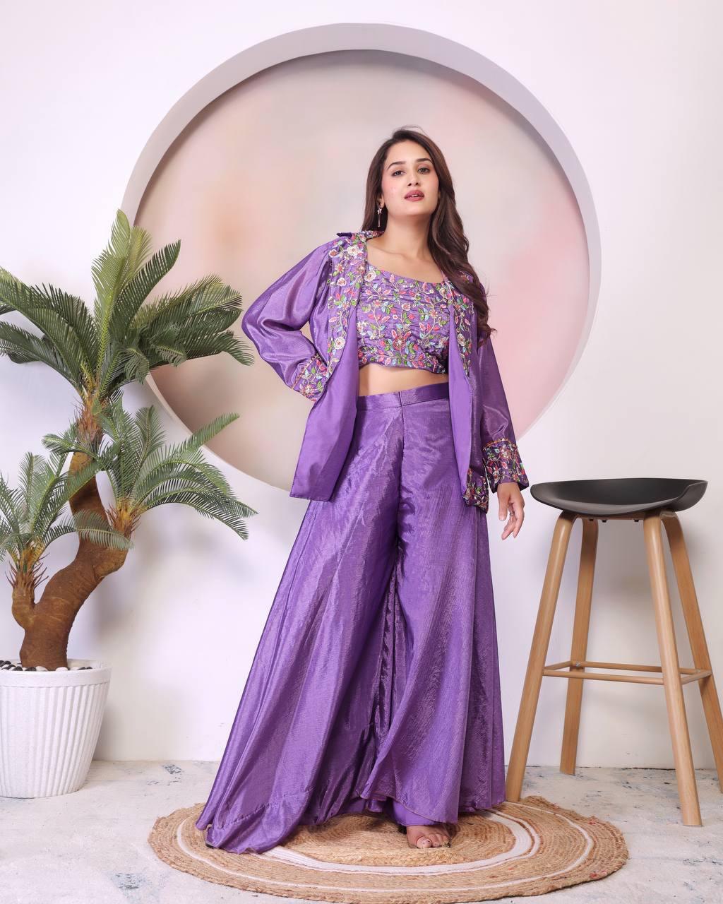 Eyes Catching Purple Color Chinon Silk And Embroidery Theard Work Palazzo Suit