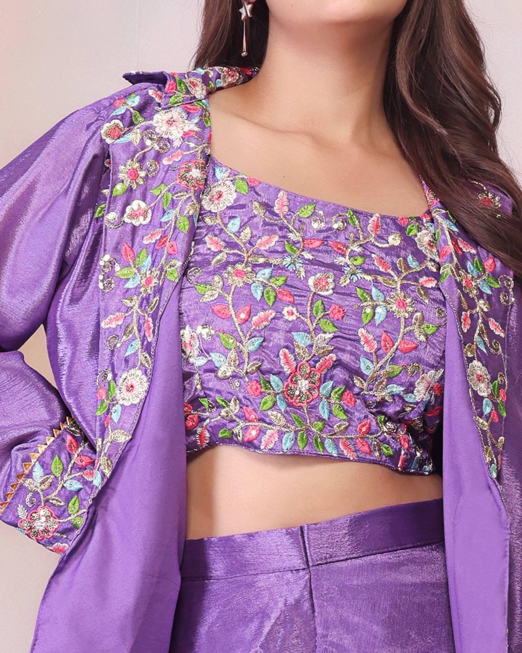 Eyes Catching Purple Color Chinon Silk And Embroidery Theard Work Palazzo Suit