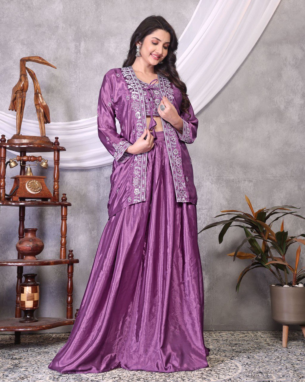Ceremony Wear Lavender Color Chinon Silk Embroidery Sequence Silver Thread Work Lehenga Choli With Koti