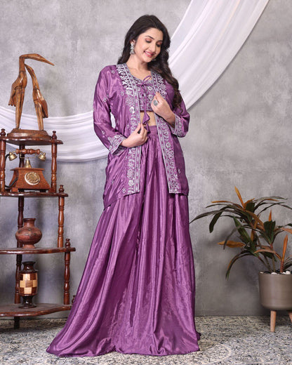 Ceremony Wear Lavender Color Chinon Silk Embroidery Sequence Silver Thread Work Lehenga Choli With Koti