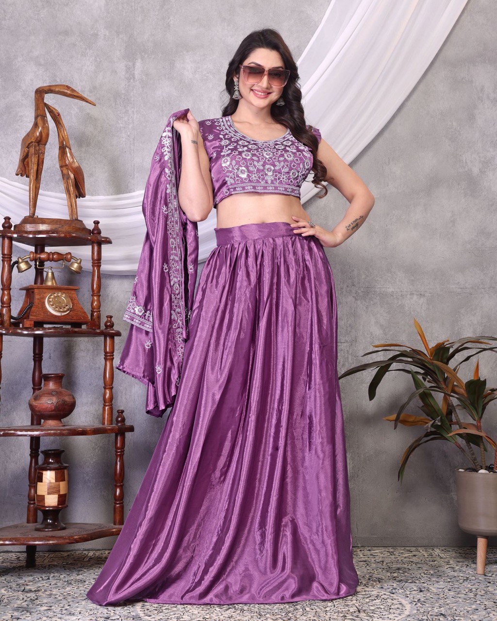 Ceremony Wear Lavender Color Chinon Silk Embroidery Sequence Silver Thread Work Lehenga Choli With Koti