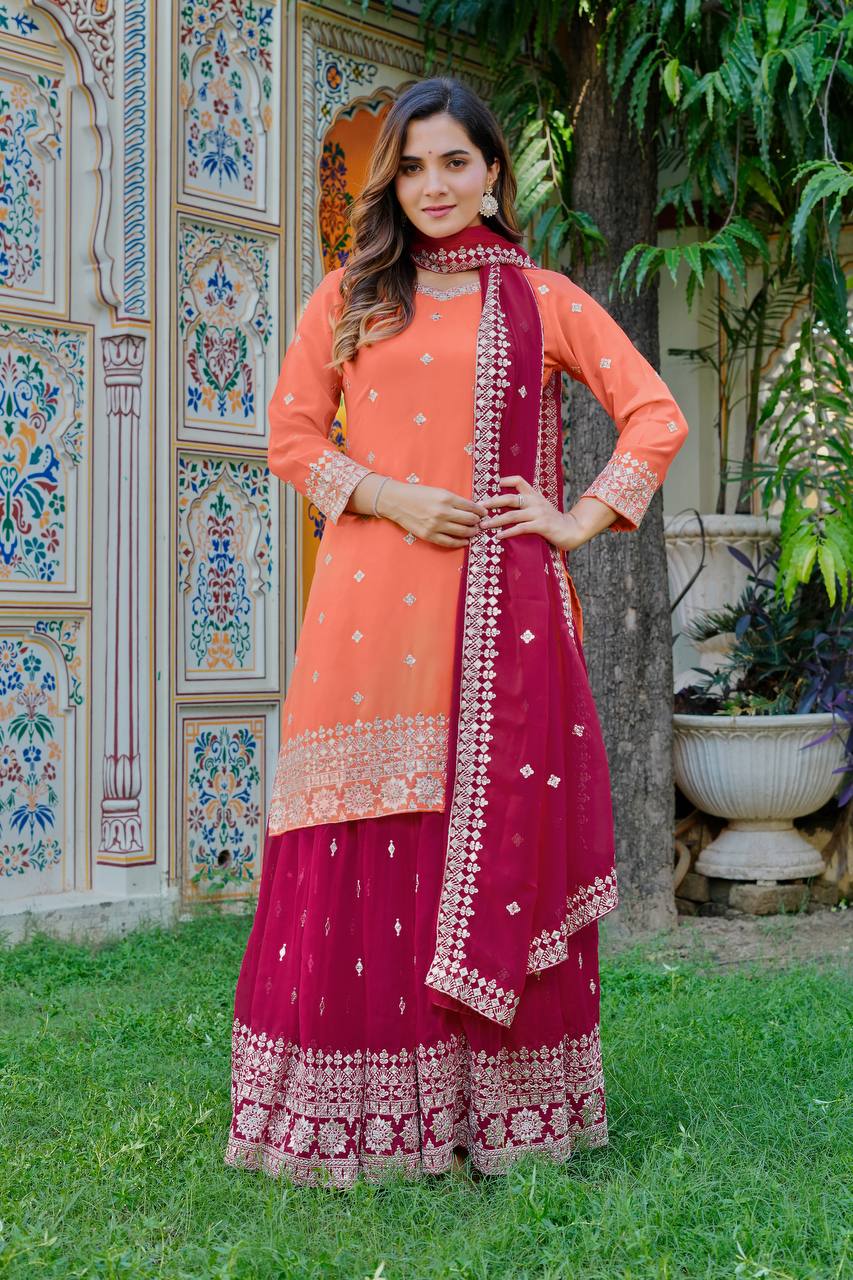 Designer Orange And Pink Faux Georgette Palazzo Set