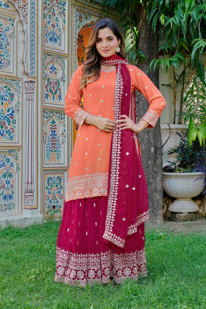 Designer Orange And Pink Faux Georgette Palazzo Set