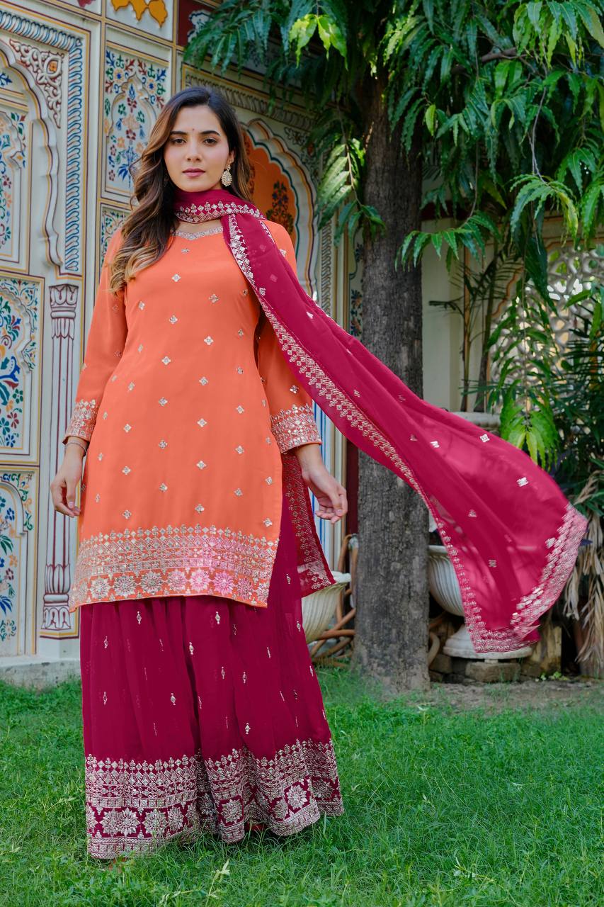 Designer Orange And Pink Faux Georgette Palazzo Set