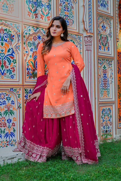 Designer Orange And Pink Faux Georgette Palazzo Set