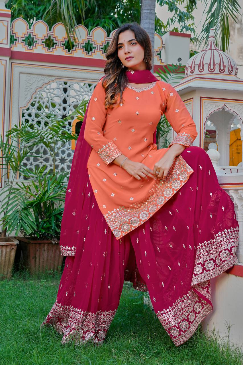 Designer Orange And Pink Faux Georgette Palazzo Set