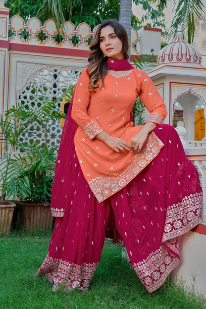 Designer Orange And Pink Faux Georgette Palazzo Set