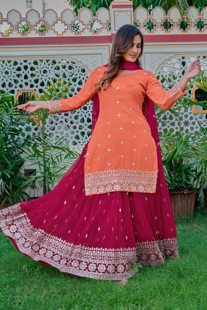 Designer Orange And Pink Faux Georgette Palazzo Set