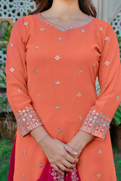 Designer Orange And Pink Faux Georgette Palazzo Set