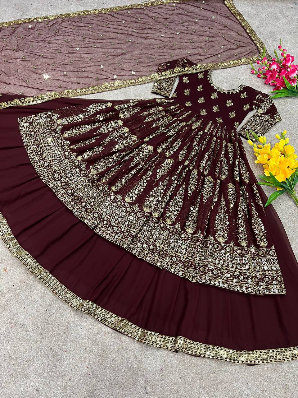Wedding Wear Maroon Color Faux Georgette With Heavy Embroidery Sequence Work Lehenga Suit