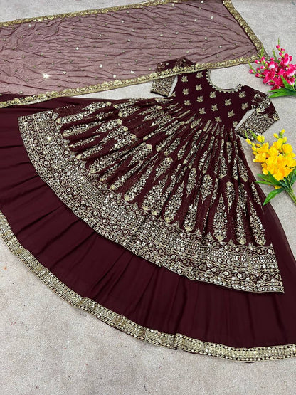 Wedding Wear Maroon Color Faux Georgette With Heavy Embroidery Sequence Work Lehenga Suit