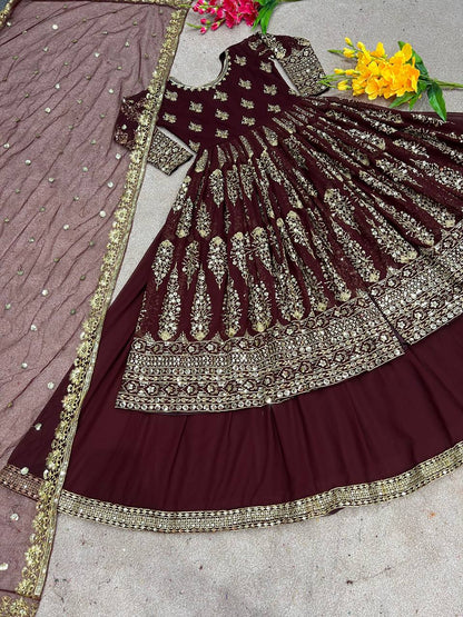 Wedding Wear Maroon Color Faux Georgette With Heavy Embroidery Sequence Work Lehenga Suit