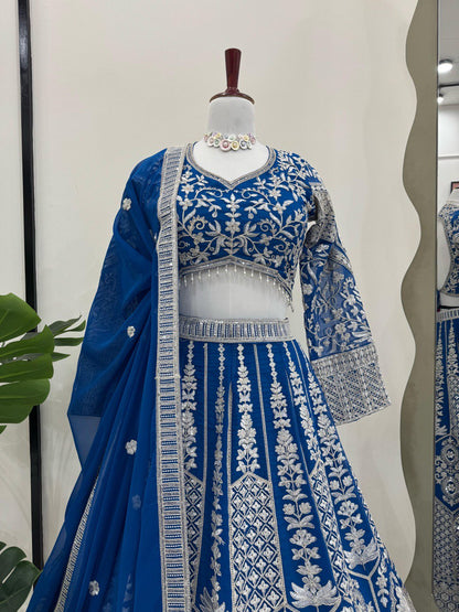 Beautiful Sky Blue Color Faux Georgette And Coding Dori With Sequence Work Lehenga Choli
