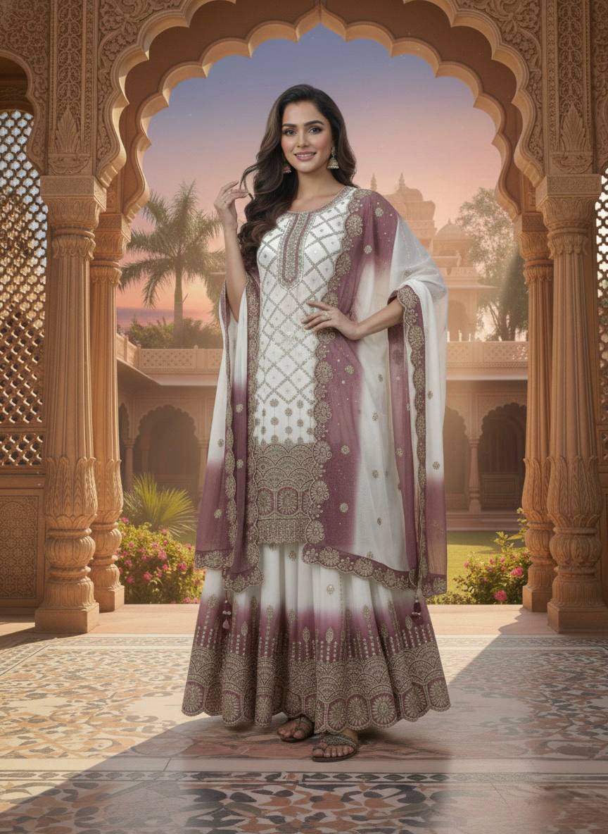 Sangeet Wear Dual Tone Wine Georgette Palazzo Suit Set