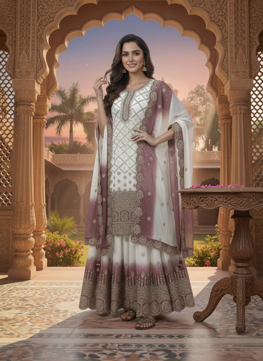 Sangeet Wear Dual Tone Wine Georgette Palazzo Suit Set