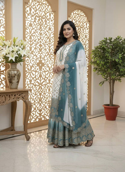 Wedding Wear Dual Tone Sky Blue Color Georgette Palazzo Suit Set