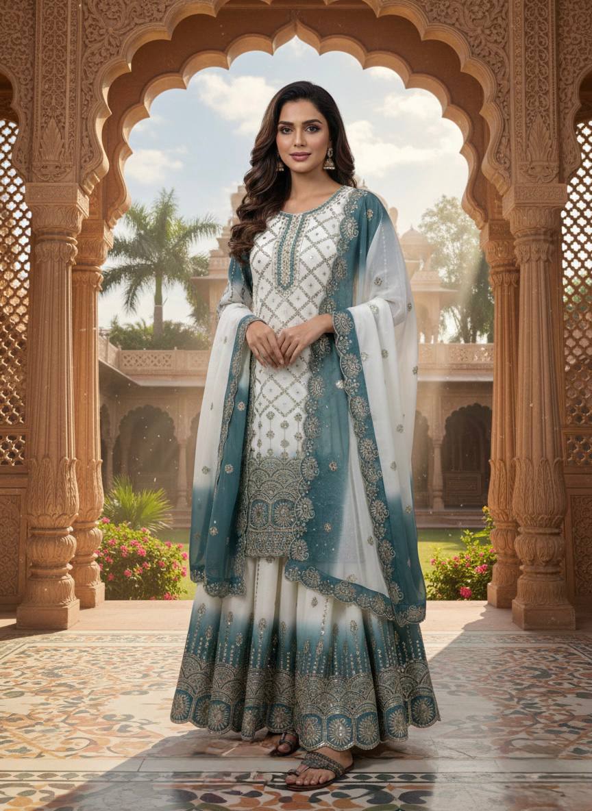 Wedding Wear Dual Tone Sky Blue Color Georgette Palazzo Suit Set
