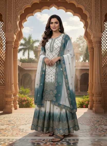 Wedding Wear Dual Tone Sky Blue Color Georgette Palazzo Suit Set