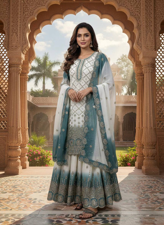 Wedding Wear Dual Tone Sky Blue Color Georgette Palazzo Suit Set