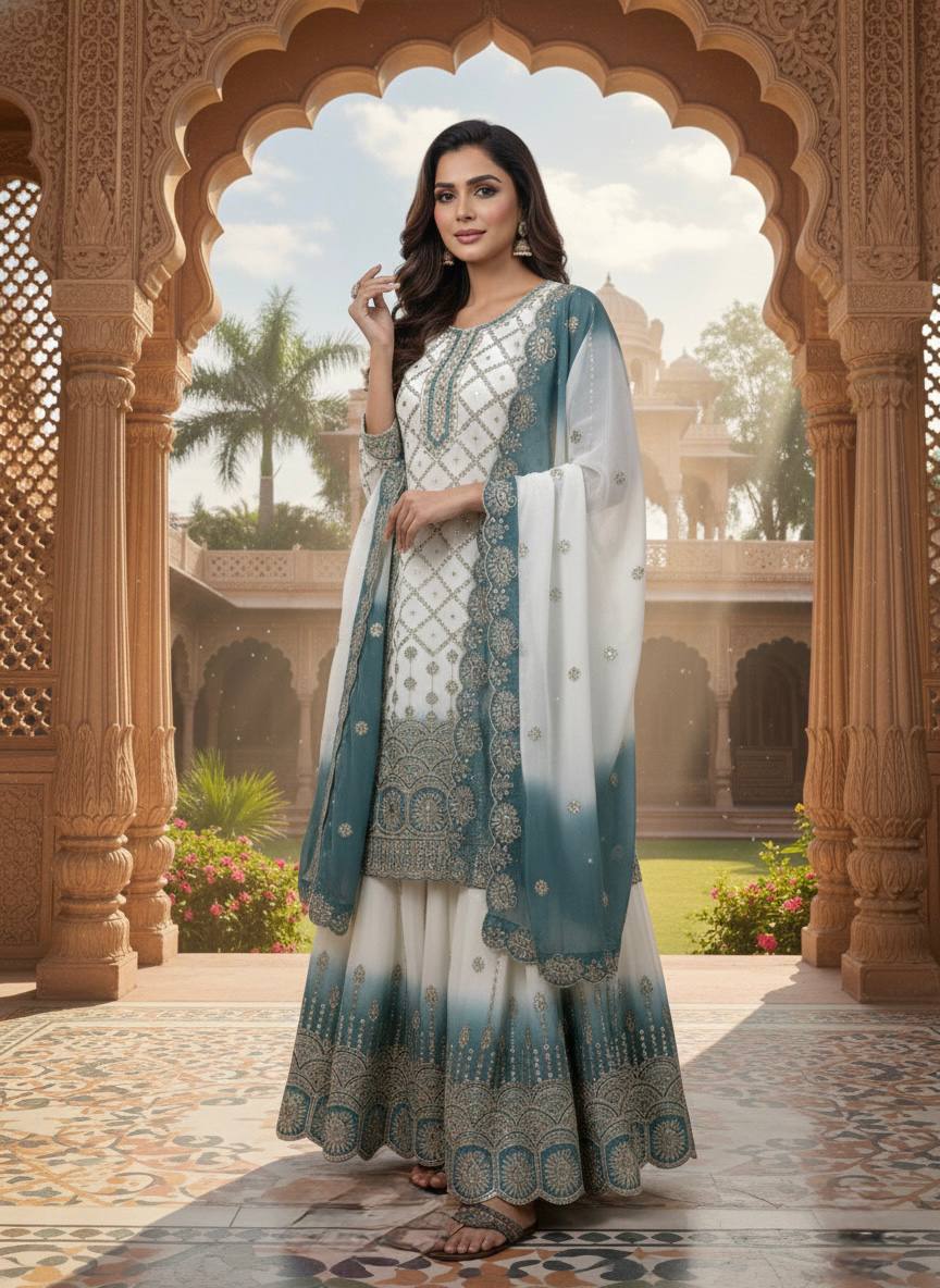 Wedding Wear Dual Tone Sky Blue Color Georgette Palazzo Suit Set