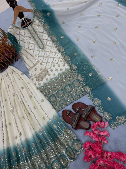 Wedding Wear Dual Tone Sky Blue Color Georgette Palazzo Suit Set