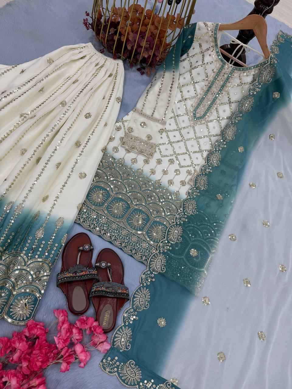 Wedding Wear Dual Tone Sky Blue Color Georgette Palazzo Suit Set