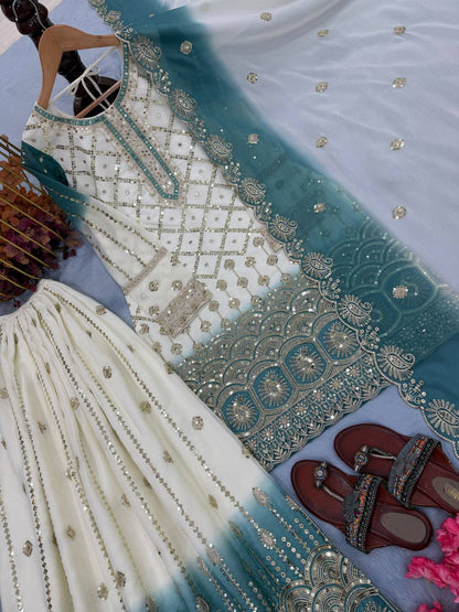 Wedding Wear Dual Tone Sky Blue Color Georgette Palazzo Suit Set