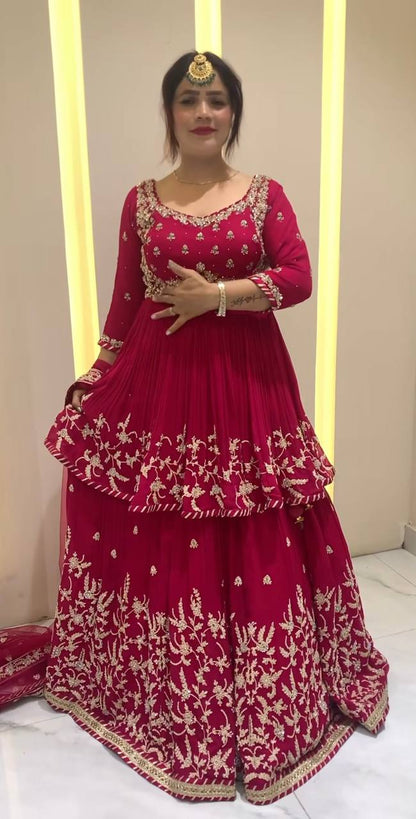 Beautiful Red Color Embroidered Kediya Style Top With Designer Lehenga