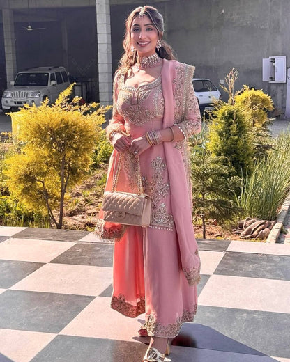 Superhit Light Pink Pure Chinon With Embroidery Sequence Work Palazzo Suit
