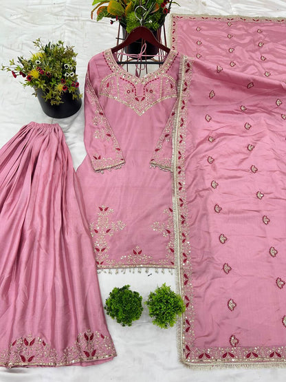 Superhit Light Pink Pure Chinon With Embroidery Sequence Work Palazzo Suit