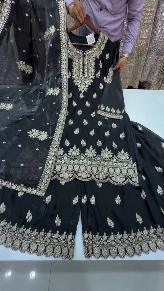 Elegant Black Color Sequins Embroidered Work Designer Palazzo Suit