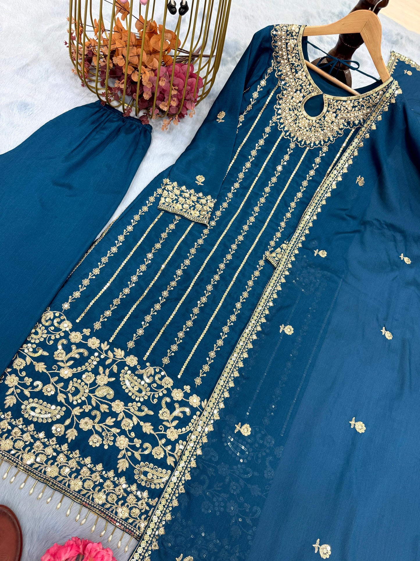 Graceful Chinon Silk Embroidery Work Teal Blue Salwar Suit