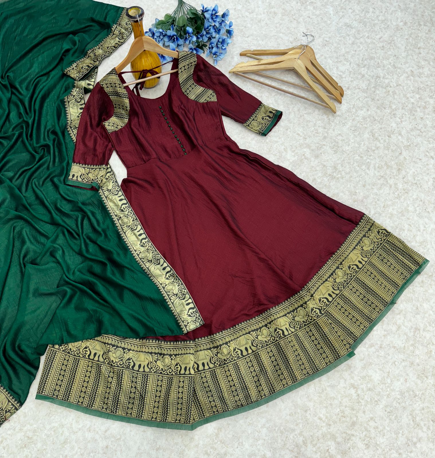 Luxuriant Vichitra Silk Maroon Color Anarkali Gown