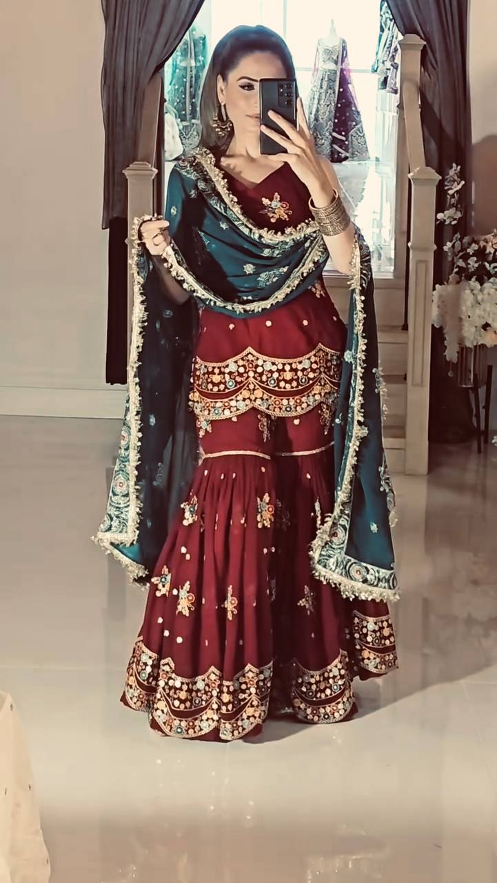 Marriage Special Maroon Color Faux Georgette With Embroidery Sequence Work Sharara Suit