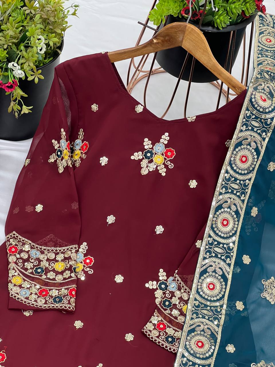 Marriage Special Maroon Color Faux Georgette With Embroidery Sequence Work Sharara Suit