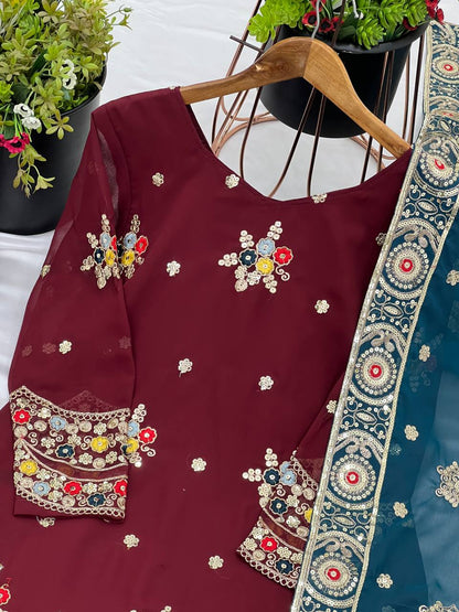 Marriage Special Maroon Color Faux Georgette With Embroidery Sequence Work Sharara Suit