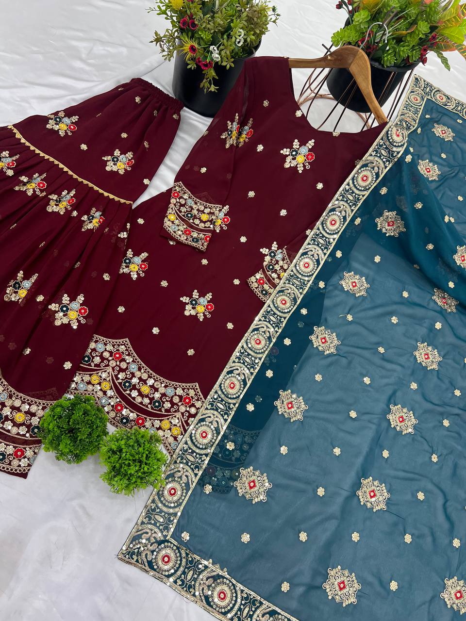 Marriage Special Maroon Color Faux Georgette With Embroidery Sequence Work Sharara Suit